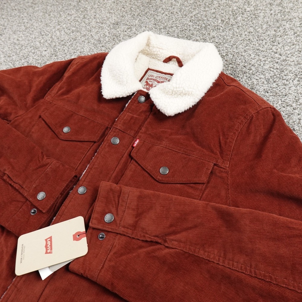 NEW Levis Jacket Mens S Brown‎ Red Corduroy Sherpa Lined Trucker Snap Zip Coat